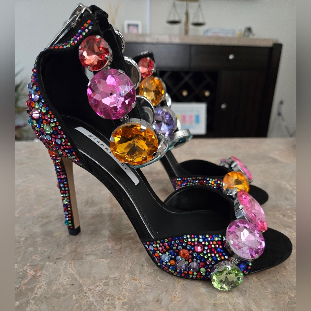 Gianni Bini Oaklynn Suede Rainbow Rhinestone Jeweled Ankle Sandals.  Size 5